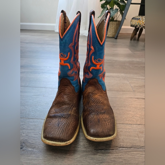 Twisted X Kids Cognac Bullhide & Neon Blue Hooey Western Cowboy Boots Kids 4 - Picture 2 of 12